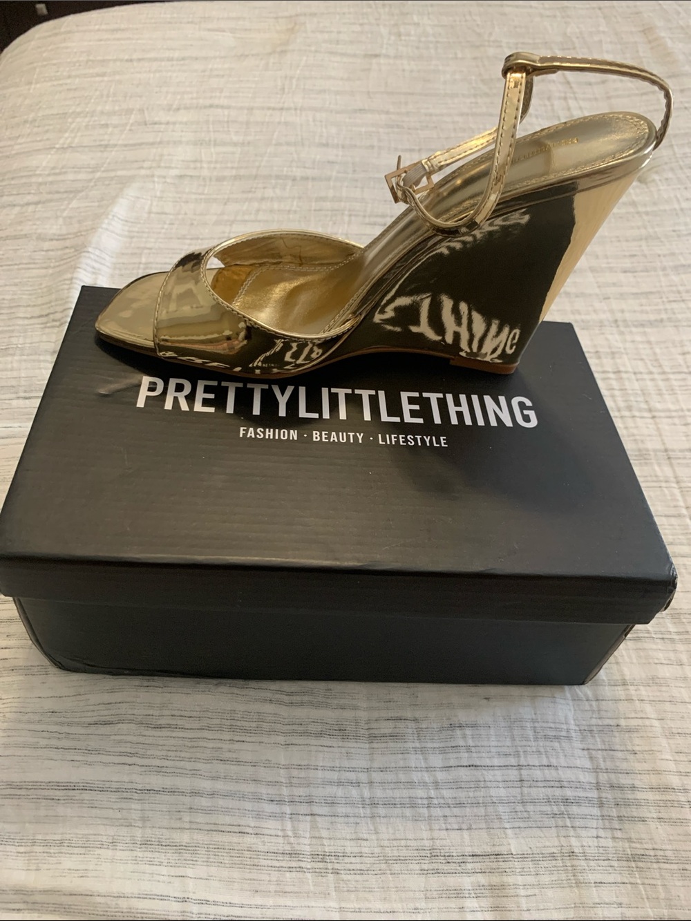 PrettyLittleThing Gold Patent Wedge Sandals